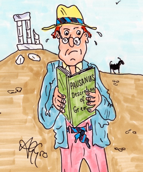 Sweating, panama-hatted pale tourist consults Pausanias in front of a Greek temple and goat
