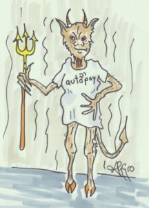 Cartoon image of the devil in an Autopay labelled T shirt, complete with tail and cloven hooves