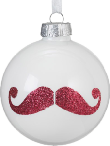 White bauble with silly moustache in red glitter