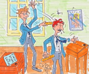 3 scene cartoon of boys behaving badly in a schools study - swatting flies and each other