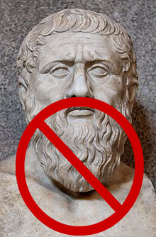 Socrates sculpture with red no entry sign overlaid on it