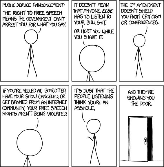 6 item cartoon strip on free speech being a right but not a right to be loved by others
