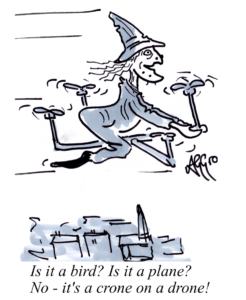 Cartoon Witch rides 4 rotor drone over town and country