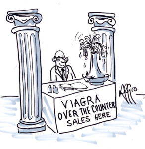 Cartoon Man sells viagra between roman columns with a phallic fountain on his desk