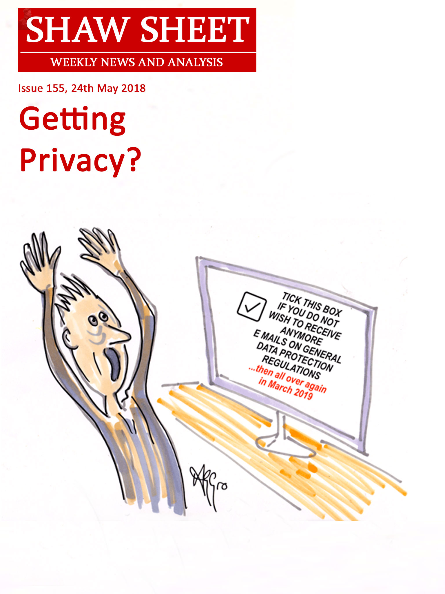 Cover Image for Issue 155 Getting Privacy GDPR cartoon by Aggro as the basis