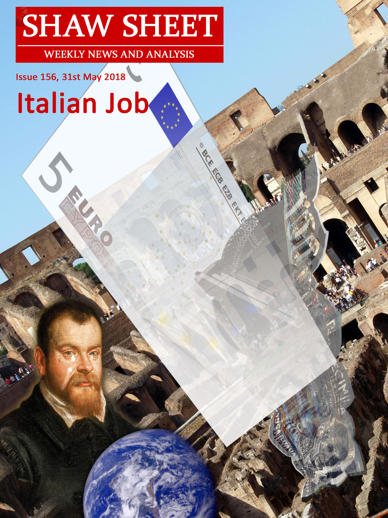 Cover Image 156 Italian Job with Euro Lira fading away and Galileo Galilei shedding a tear over his blue globe