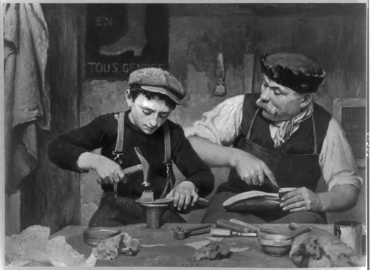 Black and white of French Cobbler's Apprentice in the 19th Century with his master