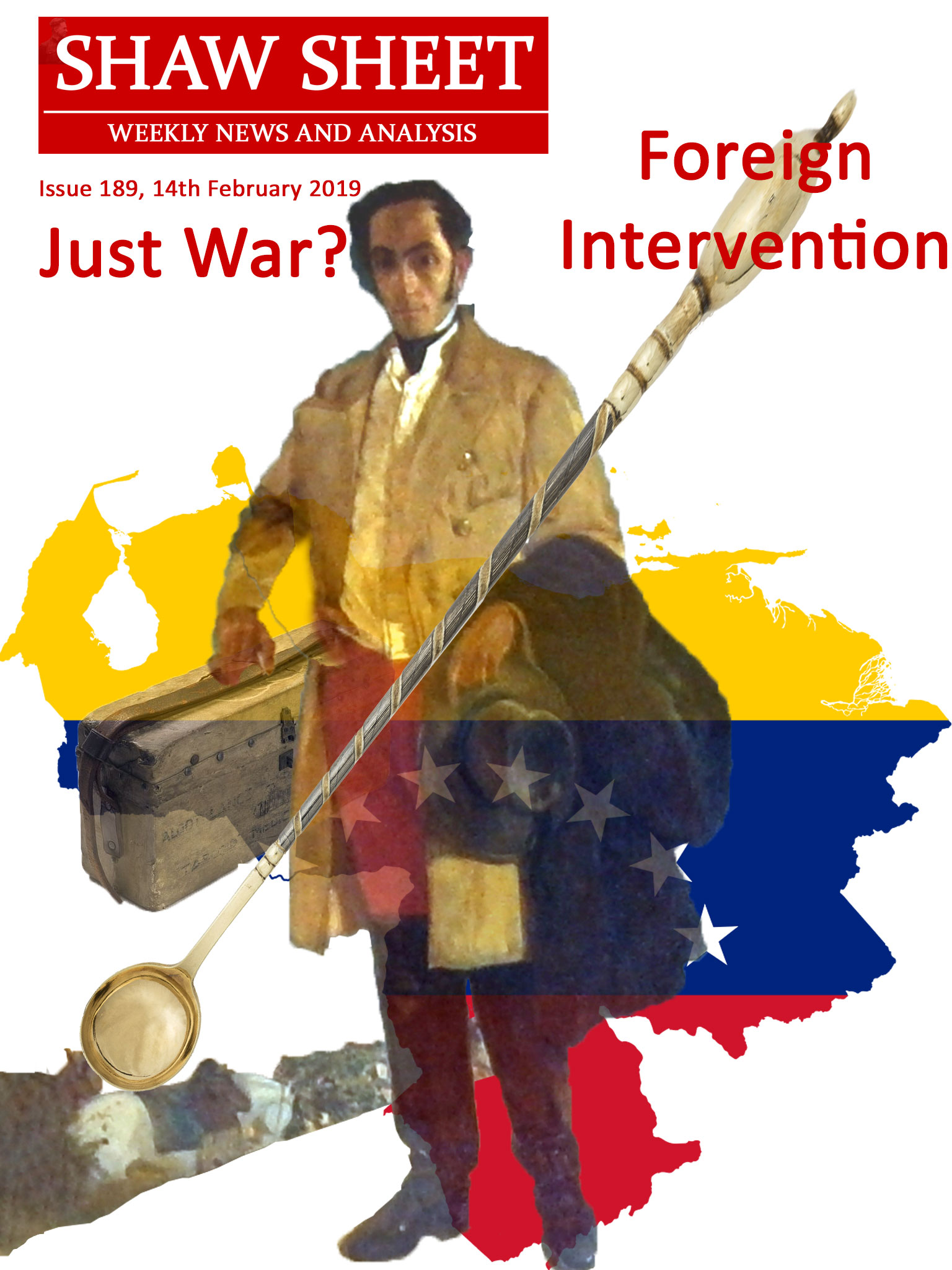 Cover Page 189 Simon Bolivar with suitcase and refugees leaves an outline of Venezuela with its flag behind