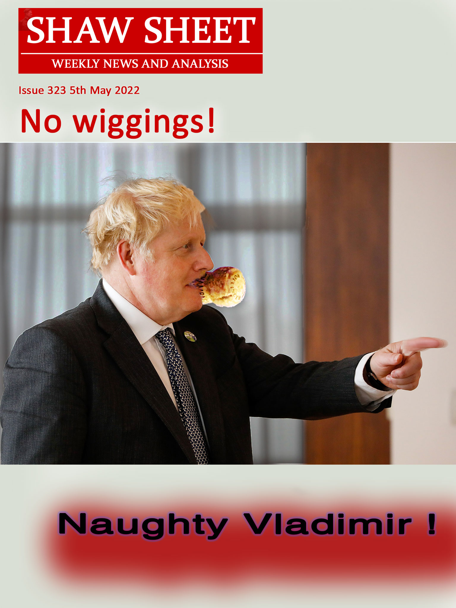 Boris Johnson with a cork in his mouth, a Bollinger Champagne cork