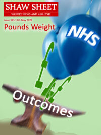 Balloons labelled with the NHS logo drift up while an anvil, labelled outcomes, drifts downwards; the 2 are connected bypound signs