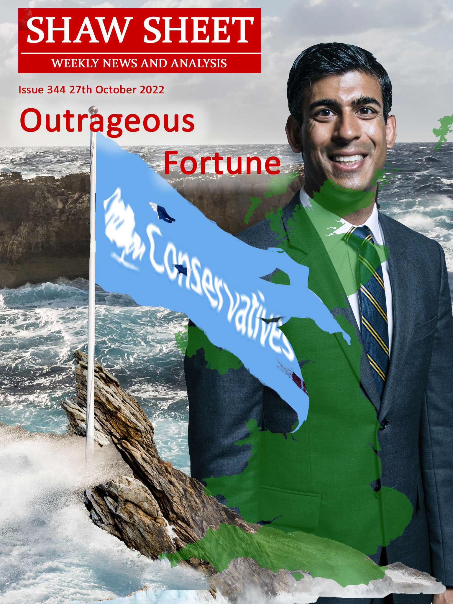 Rishi Sunak with stormy sea and tattered Conservative flag
